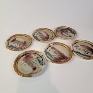 Queenston Pottery Set of 6 Coasters 4-1/4" diameter red blue cream Niagra Lake